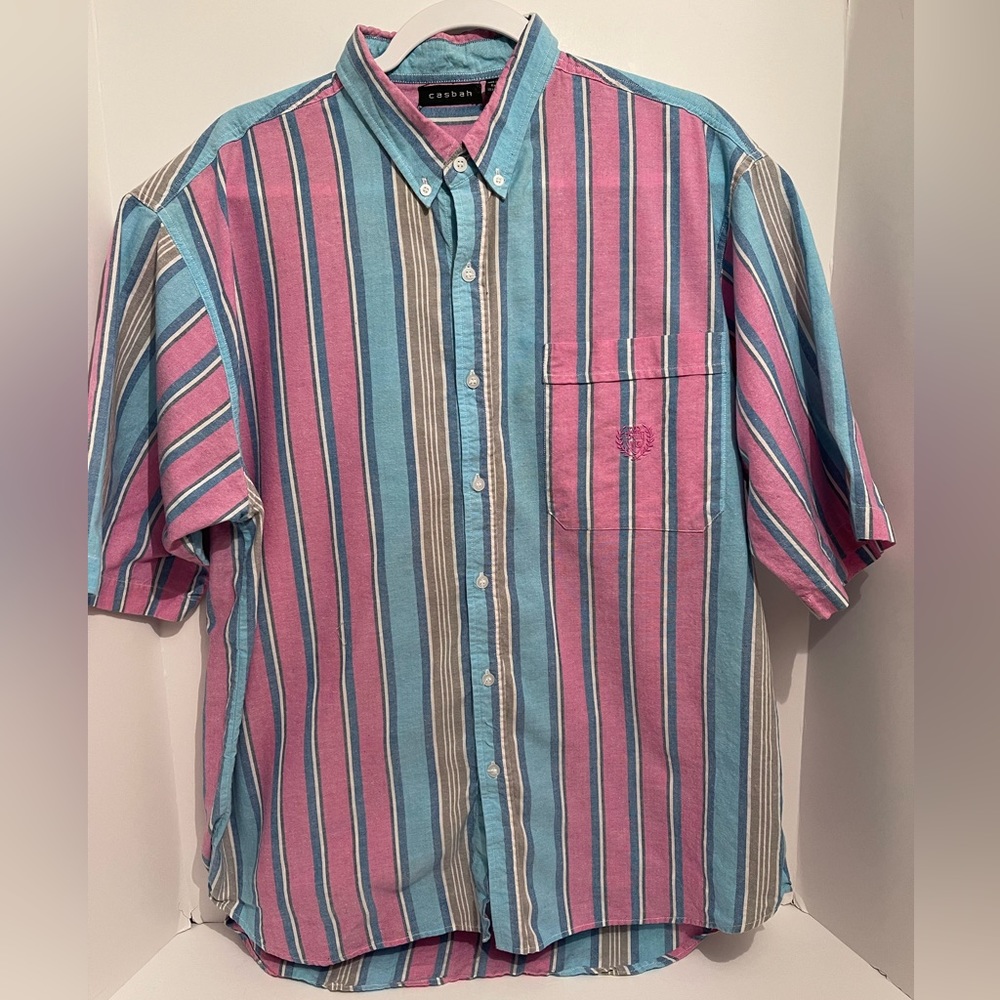 Casbah Button Up Men’s Short Sleeve Dress/Casual Shirt Size XL Pink/Blue stripe